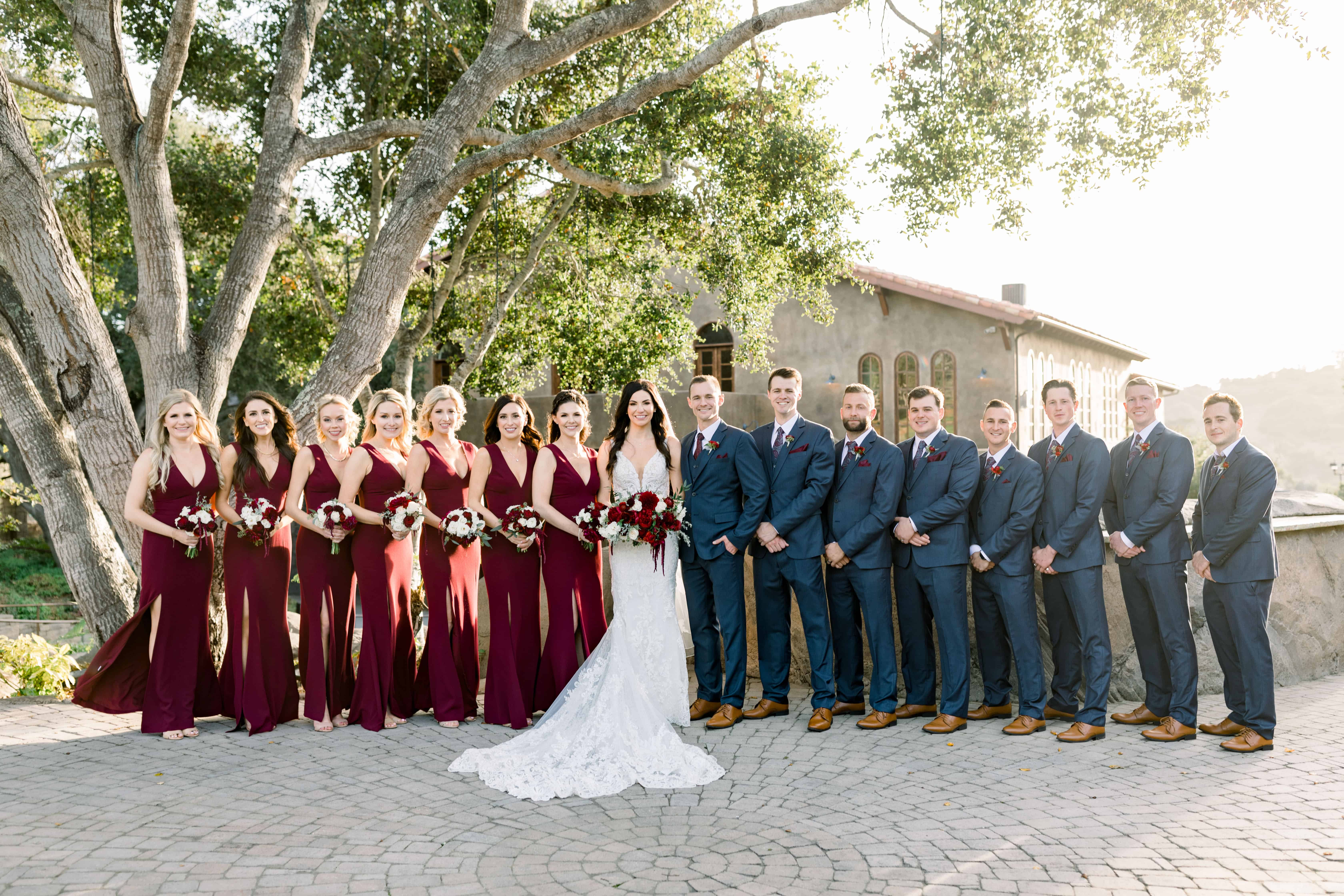 Group photo of bride, groom, and bridal party outdoors, with bridesmaids in burgundy and groomsmen in blue.